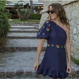 FANM MON 100%  Linen One Shoulder‎ Puff Sleeve Rose Embroidered Ruffle Dress